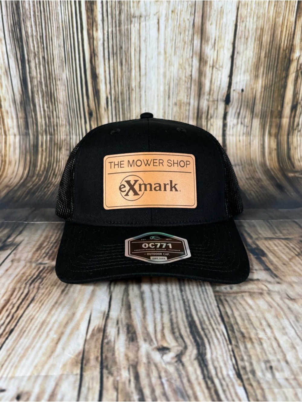New eXmark Hat Snap Back Trucker Black Leather Logo Patch Men Mowing Outdoor